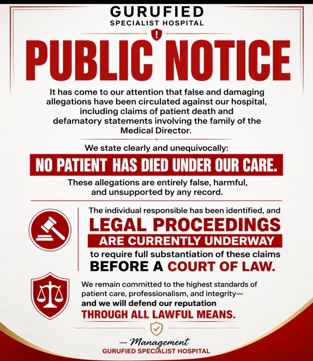 drsandradesy's tweet photo. See you in court.

false allegations have been spread against me personally and against Gurufied Sureway Specialist Hospital including fabricated claims of patient deaths, fake stories, fake pages, and defamatory narratives designed to damage my reputation and the reputation of our brand.

Let me state this clearly: Gurufied Sureway Specialist Hospital has never recorded a patient death under our care. We have successfully carried out thousands of surgeries with zero death record ❌ and no ICU emergency cases ❌.

The same individual on the second slide also pushed false narratives about my personal life, including fabricated claims linking me romantically to a popular Nigerian activist. These actions are malicious, defamatory, and intentional.

This is no longer social media gossip. It is now a legal matter.
The individual responsible will have the opportunity to present every “evidence” publicly before a court of law.
Until then, I remain focused on my work, my patients, and protecting the integrity of everything I have built.
Thank you to everyone who continues to support truth, professionalism, and excellence.

#gurufied #gurufiedhospital #gurufiedhospitalreview