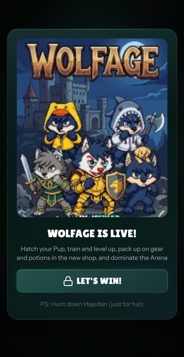 EMSWORLD331096's tweet photo. 🚨 WOLFAGE IS LIVE! 🐺

Hatch your Pup, train &amp; level up, stack gear + potions in the new shop, then dominate the Arena! 

Who’s ready to run the pack? 

Let’s WIN! 🔥

PS: Hunt down Hajedan 👀

#Wolfage #PlayToWin https://t.co/HpstvfD2mG