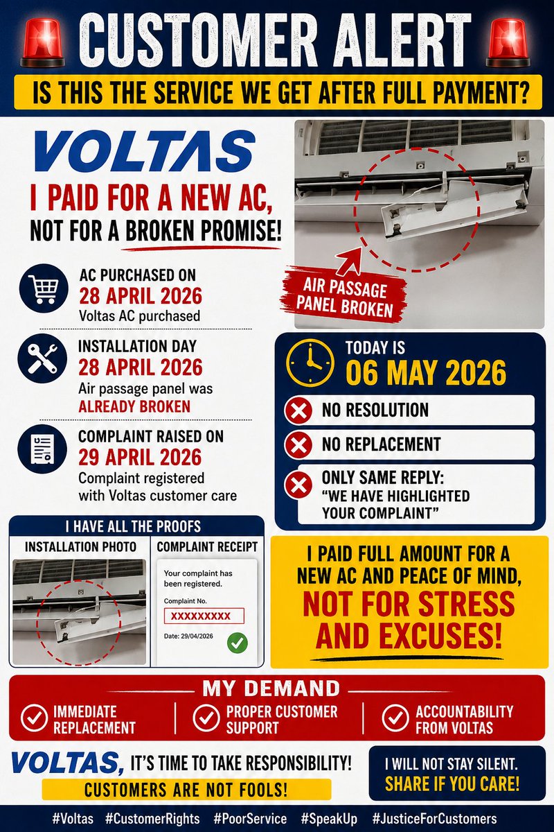 MiiRahul's tweet photo. I paid full price for a NEW AC, not a defective product.

Facing:
❌ Damaged unit from day 1
❌ Delayed response
❌ No accountability

This is causing unnecessary stress and inconvenience.

@PMOIndia @TataCompanies @IYC @minmsme https://t.co/Wu92omYL1q