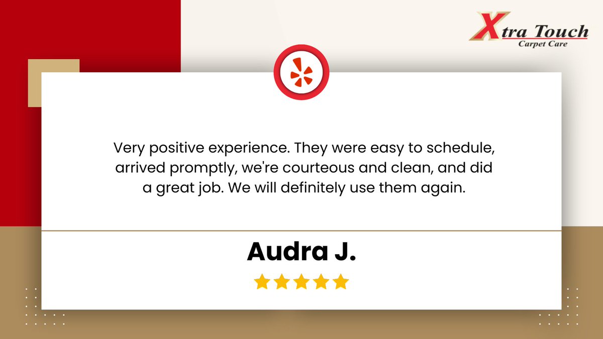 TouchXtra's tweet photo. We’re so grateful, Audra J.! 🥰

Our team’s professionalism, politeness &amp; advanced equipment left you impressed twice over makes us proud. 😍💯✅

Thank you for trusting us! 😊🤝

#XtraTouchCarpetCare #expertcleaning #topnotchequipment #grateful https://t.co/G6Mc7ixzLv