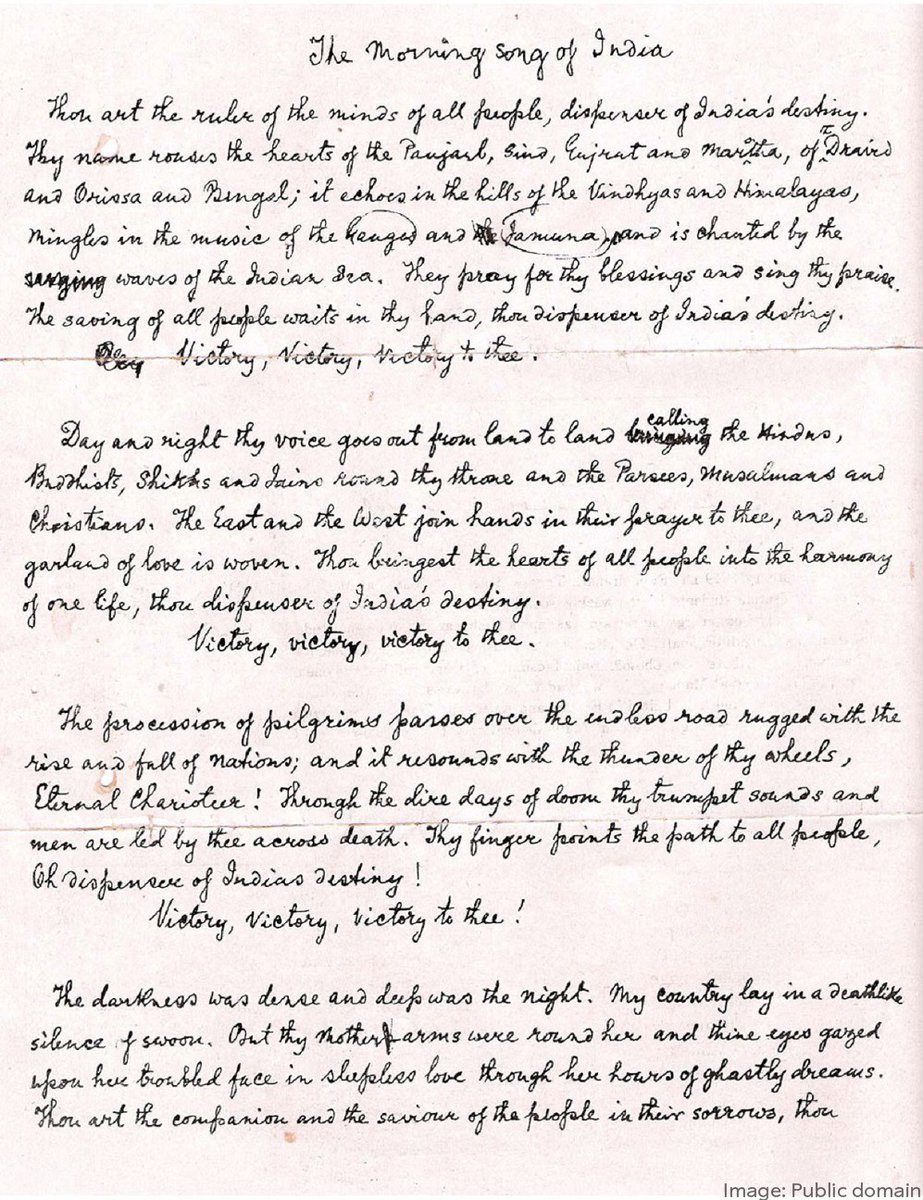"Jana Gana Mana" (Bengali: [ɟənə gəɳə mənə]) is the national anthem of India, originally composed in Bengali by poet Rabindranath Tagore, who was awarded the #NobelPrize in Literature in 1913.

Pictured: An English translation of Jana Gana Mana by Tagore