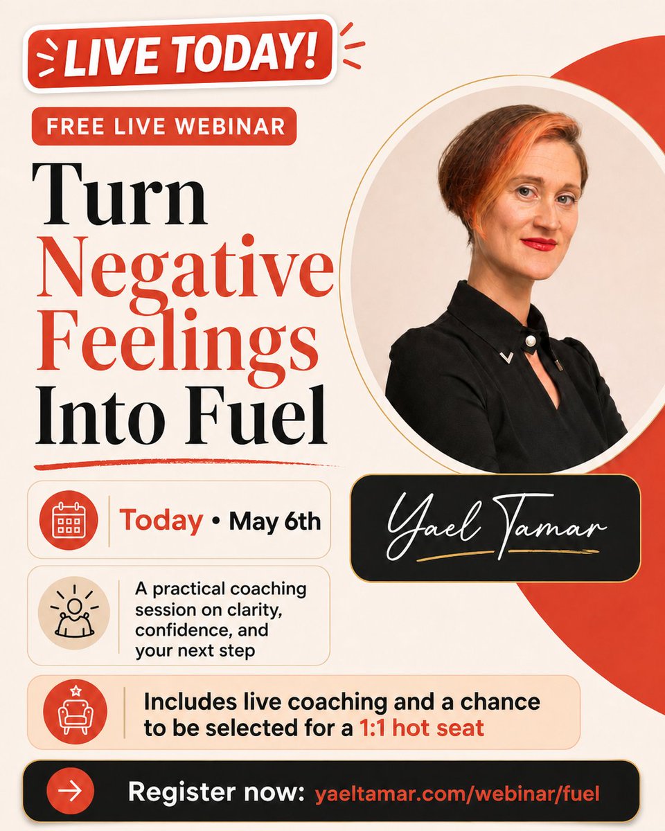 yaeltamar's tweet photo. Happening today.

A few spots left for my free live coaching webinar: Turn Negative Feelings Into Fuel

We’ll work on clarity, confidence, and your next step, with a chance to be selected for a live 1:1 coaching hot seat.

Register now before it fills: https://t.co/MOWezuEGdq https://t.co/GcJddkMBBn