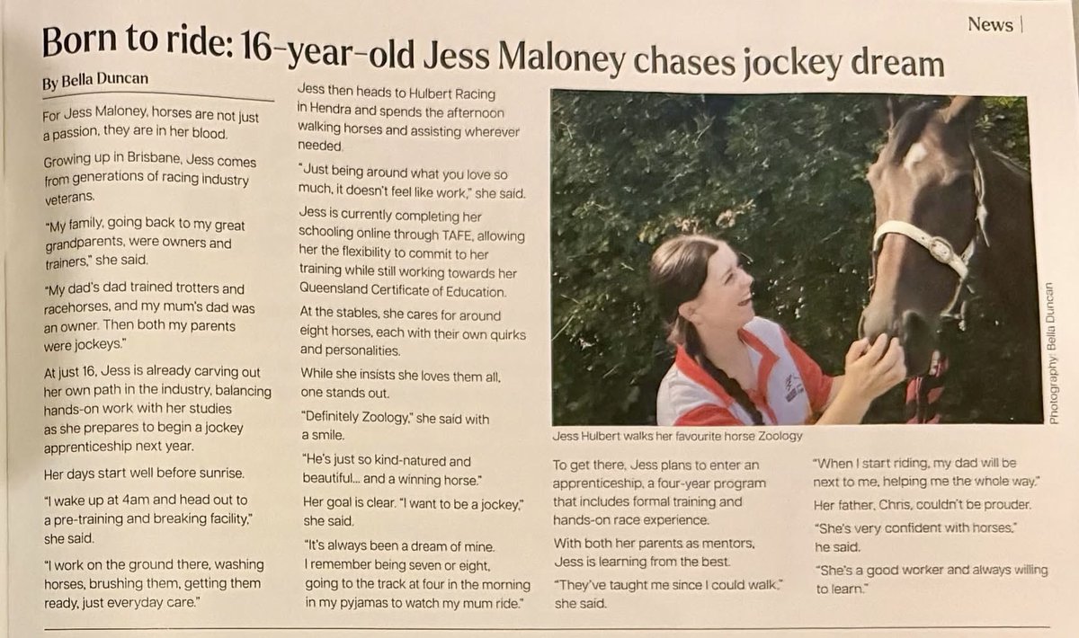 HulbertRacing's tweet photo. Lovely article on our little mate Jess in the local news who’s learnt the ropes recently with us in a racing stable to chase her dream of being a jockey! She’s now with Team Munce to further progress her career in the industry #goodnewsweek https://t.co/wH5zEFK73j