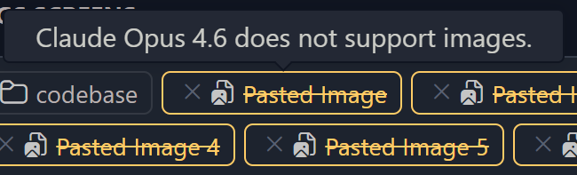 ri_zbud's tweet photo. did GitHub Copilot just remove the vision capability for Opus 4.6? The model can't see the images I attached. @GHchangelog https://t.co/px2PwoNTns