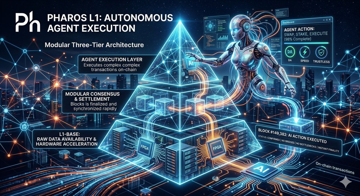 SimpM0's tweet photo. @Kiwi_Nod Pharos L1’s modular three-tier stack delivers raw DA and hardware speed, empowering AI agents to execute seamless on-chain actions. No bridges, no bottlenecks—just pure, autonomous follow-through at scale. https://t.co/QaiBSCvXvM