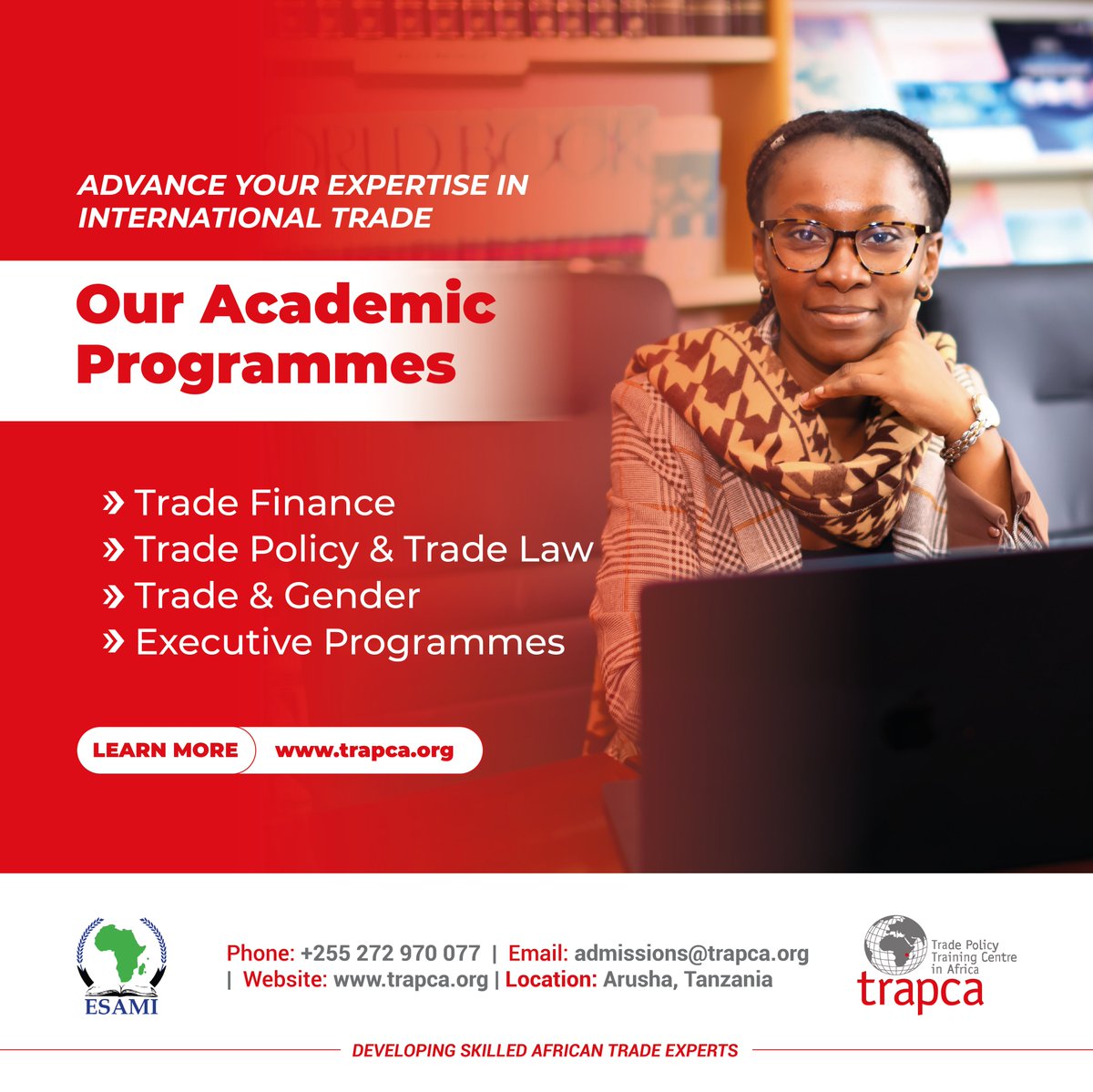 esami_trapca's tweet photo. Africa’s trade is evolving fast under the #AfCFTA - but opportunity needs capacity.

At @esami_trapca, our programmes in #TradeFinance, #TradePolicy &amp; #Law, #Trade &amp; #Gender, and Executive courses equip experts to turn trade potential into real impact.

@ESAMI_INSTITUTE https://t.co/lPxM2mEaNX