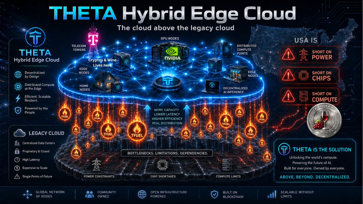 CryptosandWine's tweet photo. THETA is building the cloud above the cloud. A new infrastructure compute engine for AI, Web DEFI, DEPIN.

The legacy cloud is has reached three hard limits and a transition is underway:

Power. Chips. Compute.

AI demand is exploding since Chatgpt launched November 30, 2022, but centralized infrastructure cannot scale fast enough without massive energy, hardware, and data center expansion.

That is where the THETA Hybrid Edge Cloud becomes powerful, relevant, and meaningful.

Instead of relying only on giant centralized data centers, THETA unlocks distributed compute from edge nodes, GPU nodes, telecom infrastructure, and community powered networks.

More capacity.
Lower latency.
Greater efficiency.
Real distribution.

And with TFUEL powering the network, the future of AI compute becomes more open, more scalable, and more decentralized.

The old cloud was built for yesterday’s internet.

THETA is building the infrastructure layer for tomorrow’s AI economy.

Above. Beyond. Decentralized.

Cheers. 🍷 

#THETA #TFUEL #EdgeCloud #AI #DePIN #Blockchain #DecentralizedAI #CloudComputing #GPU #NVIDIA #Telecom #FutureOfAI #grandecajones