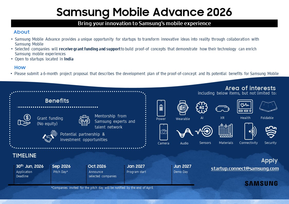 SamsungNewsIN's tweet photo. Samsung R&D Institute at Bangalore and Noida, have announced the launch of the 2026 edition of Samsung Mobile Advance to bridge the gap between deep-tech startups and Samsung’s global mobile ecosystem, enabling breakthrough innovations. 

Know more: https://t.co/8c3RmOxTWo #Samsung