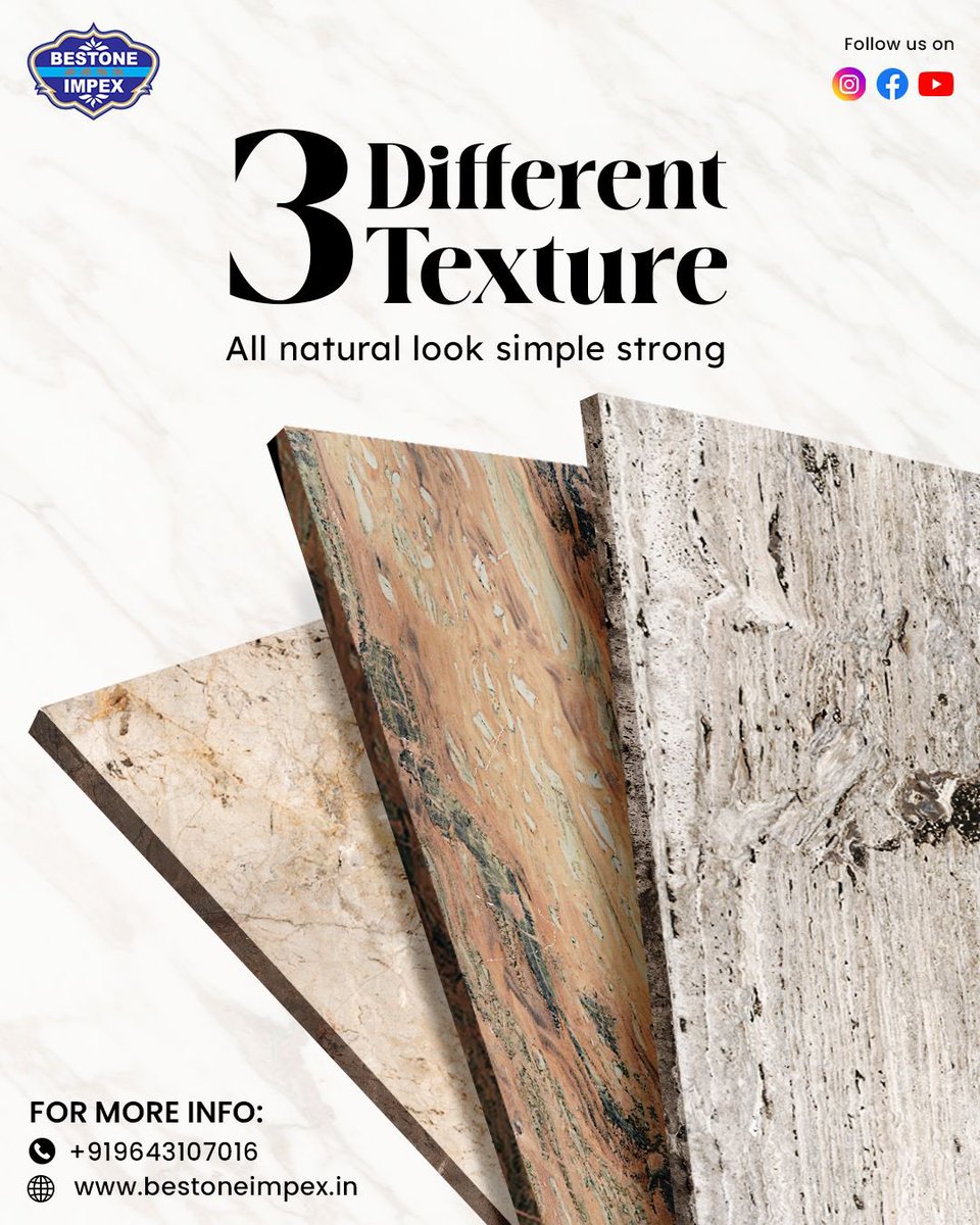Bestone_impex's tweet photo. Three textures. Three different styles.
From warm interiors to clean kitchens and strong exterior walls find the right marble with Bestone Impex.
.
.
.
.
#marbletexture
#travertinedesign
#luxurymarble
#woodlight
#silvergrey
#bestoneimpex https://t.co/HqCtrrkGhg