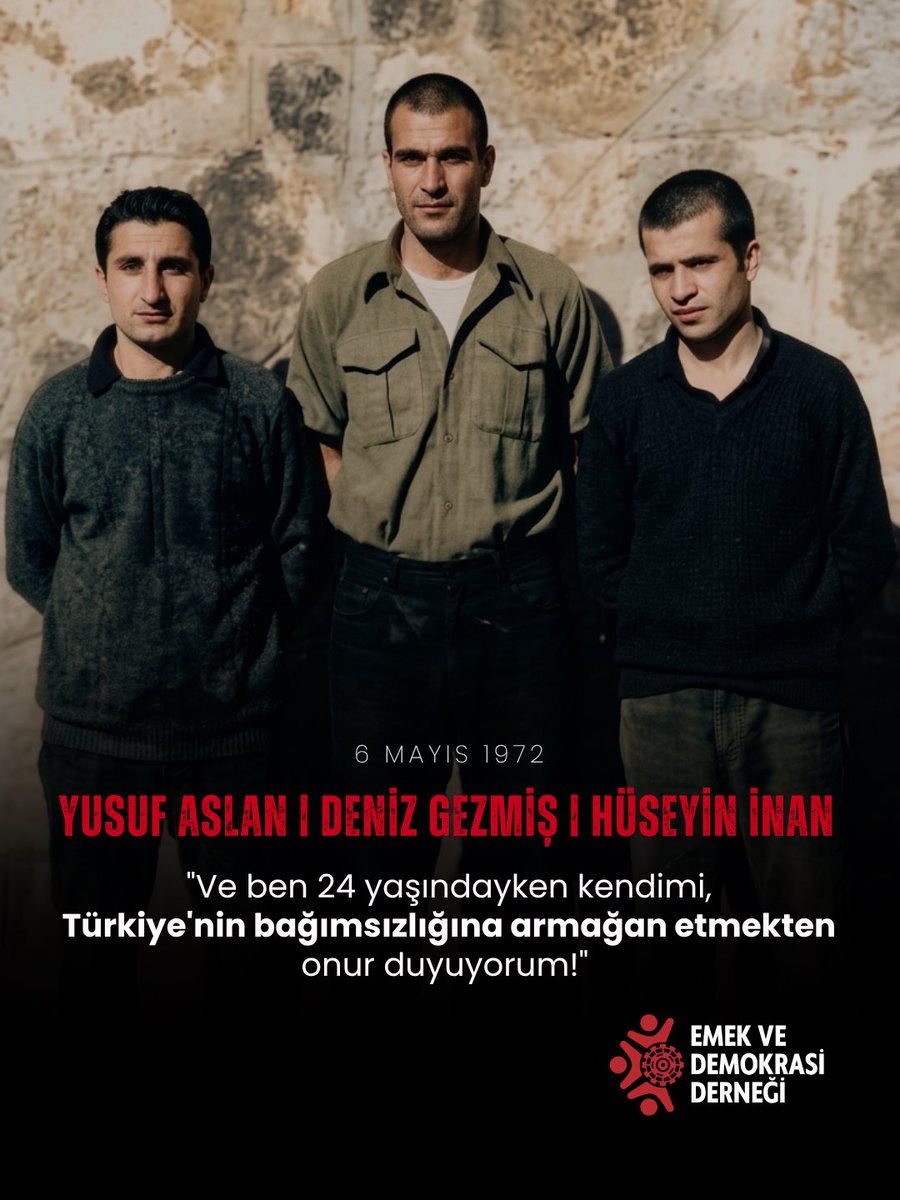 emek_demokrasi's tweet photo. 68 Kuşağı devrimci gençlik önderleri Deniz Gezmiş, Yusuf Aslan ve Hüseyin İnan’ı, idam edilmelerinin 54. yılında saygı ve özlemle anıyoruz.

Mücadeleleri, mücadelemizde yaşayacak! https://t.co/4T1rpSmTza
