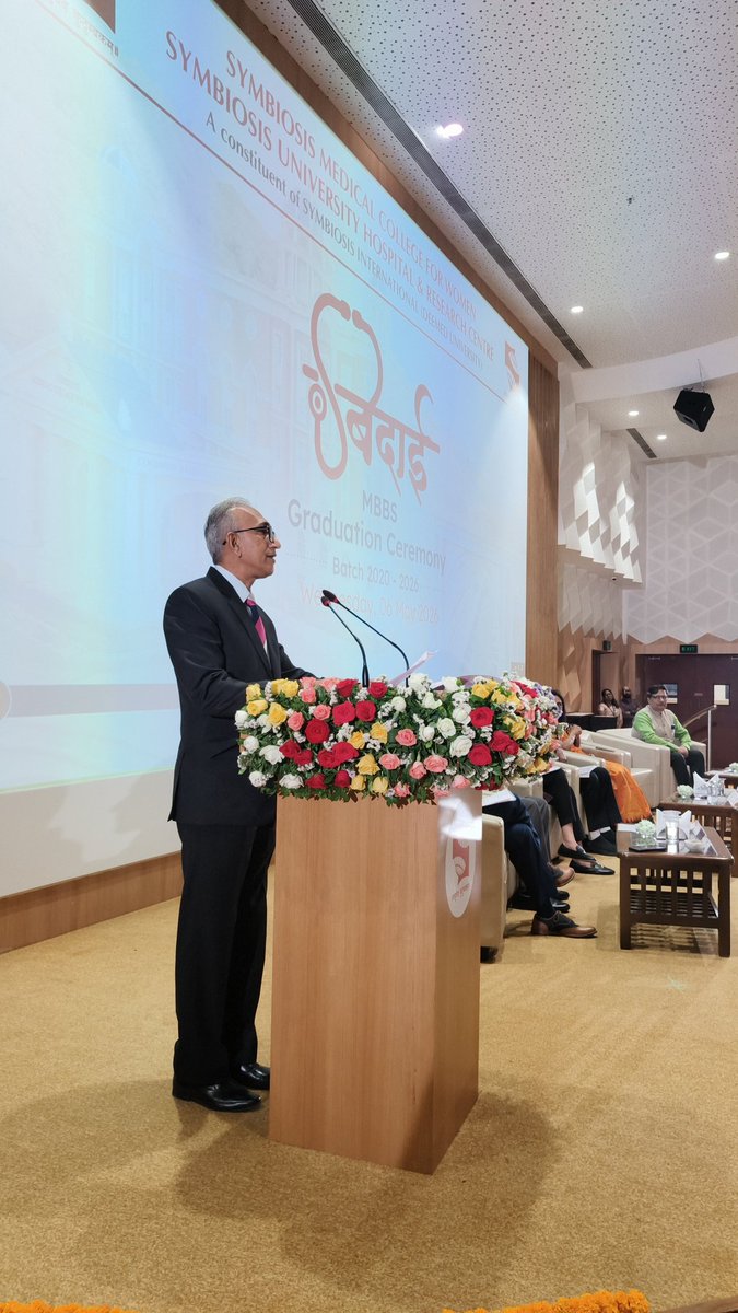 smcw_official's tweet photo. Dr. V. K. Sashindran, Dean of SMCW &amp; SUHRC, opens with words every faculty member in this room feels today: "We part with them as a family does — with pride, with joy, and with the certainty that they are ready." This is our Bidāī. 🌸

#SMCW2026 #Bidaai #FirstBatch https://t.co/rTzGf44QKD