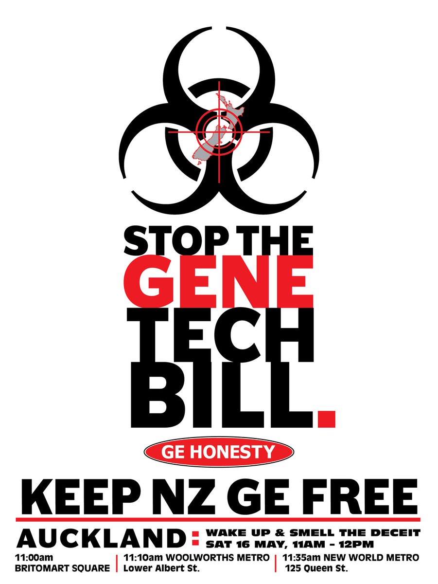 GEHonesty's tweet photo. AUCKLAND - 16 MAY 🚨 

Meet at:
Britomart Square (Auckland CBD) - 11:00am 📍 

We’ll walk together to:
Woolworths Metro, Lower Albert St - 11:10am 📍 
New World Metro, 125 Queen St - 11:35am 📍 

Stand alongside fellow New Zealanders who care about protecting the future of our food, environment and global reputation.

The goal is to stand with signs to engage unsuspecting kiwis, and get leaflets in hands!

GET YOUR FREE SIGNS BELOW🪧 
Let’s KEEP NZ GE FREE! 🇳🇿 
STOP THE GENE TECH BILL. ✋ 

#newzealand 
#nzpol
#organic 
#foodie
#farming