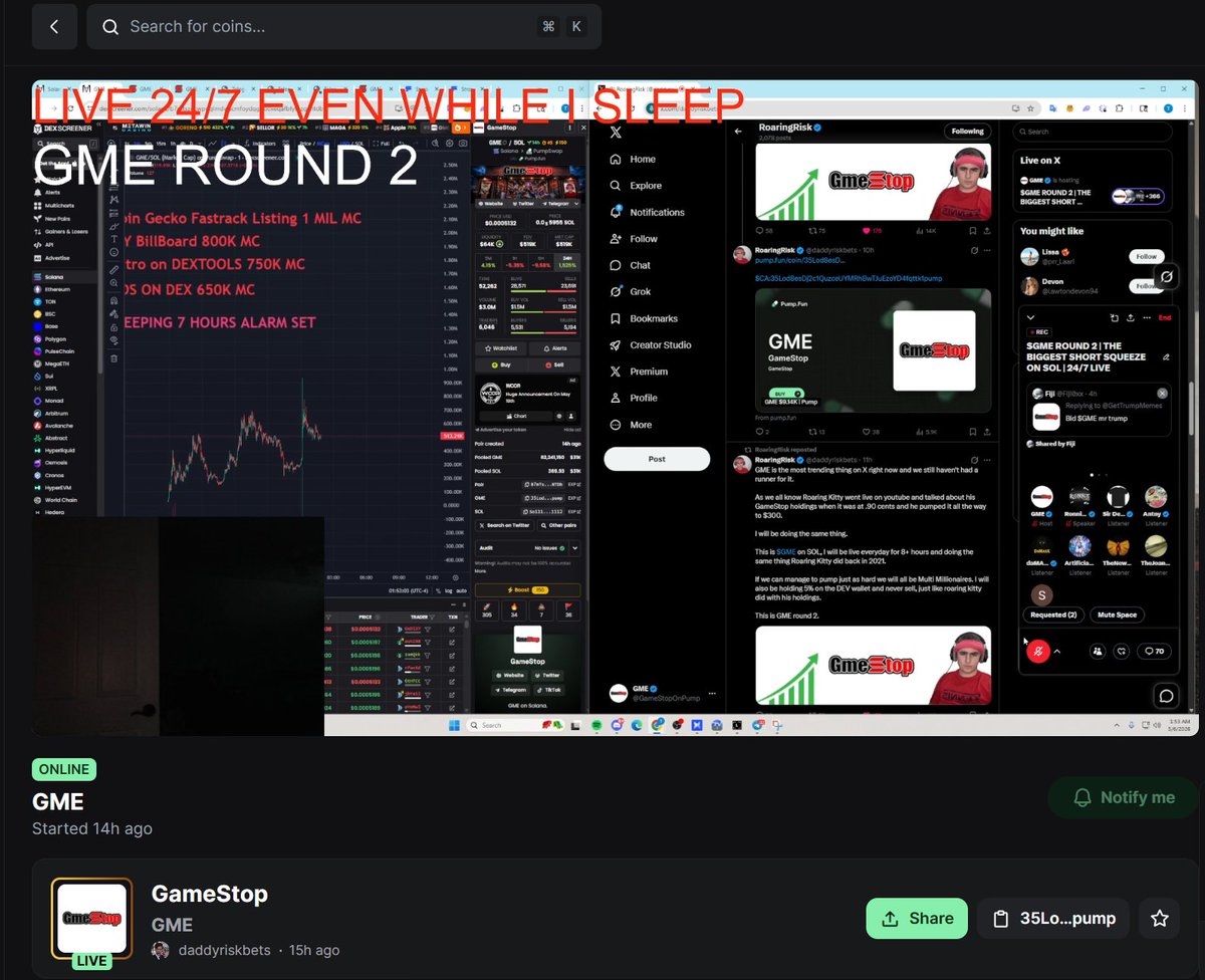 cfm_sol's tweet photo. $GME 483k dyor

CA:35Lod8esDj2c1QuzceUYMRhBwTJuEzoYD4fqttk1pump

Token Narrative:The token is called GME, and the goal is to replicate the classic GameStop narrative.

Right now, the holding time for meme coins has become so short that it is "only 8 seconds." Everyone is moving in and out quickly. The dev wants to replicate the same frenzy, unity, FOMO, mass buying, and viral spread as a "movement" within crypto.

The dev has already been live streaming for over 14 hours, using all trading fees to buy GME and permanently lock the tokens. However, the market cap of this narrative is a bit too high for me. Still, I will keep observing.

The above content is just my personal understanding and analysis. It does not express optimism about any project and does not constitute investment advice. If you have other opinions, feel free to discuss them in the comments.