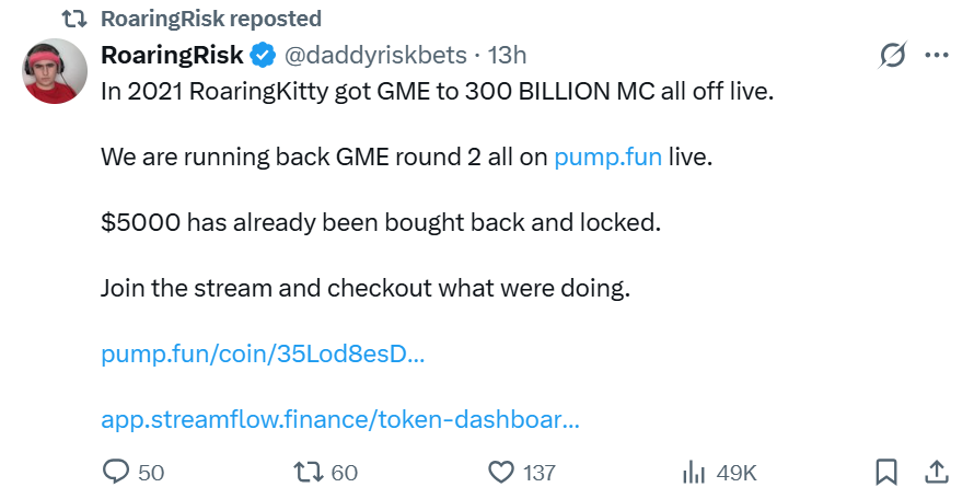 cfm_sol's tweet photo. $GME 483k dyor

CA:35Lod8esDj2c1QuzceUYMRhBwTJuEzoYD4fqttk1pump

Token Narrative:The token is called GME, and the goal is to replicate the classic GameStop narrative.

Right now, the holding time for meme coins has become so short that it is "only 8 seconds." Everyone is moving in and out quickly. The dev wants to replicate the same frenzy, unity, FOMO, mass buying, and viral spread as a "movement" within crypto.

The dev has already been live streaming for over 14 hours, using all trading fees to buy GME and permanently lock the tokens. However, the market cap of this narrative is a bit too high for me. Still, I will keep observing.

The above content is just my personal understanding and analysis. It does not express optimism about any project and does not constitute investment advice. If you have other opinions, feel free to discuss them in the comments.