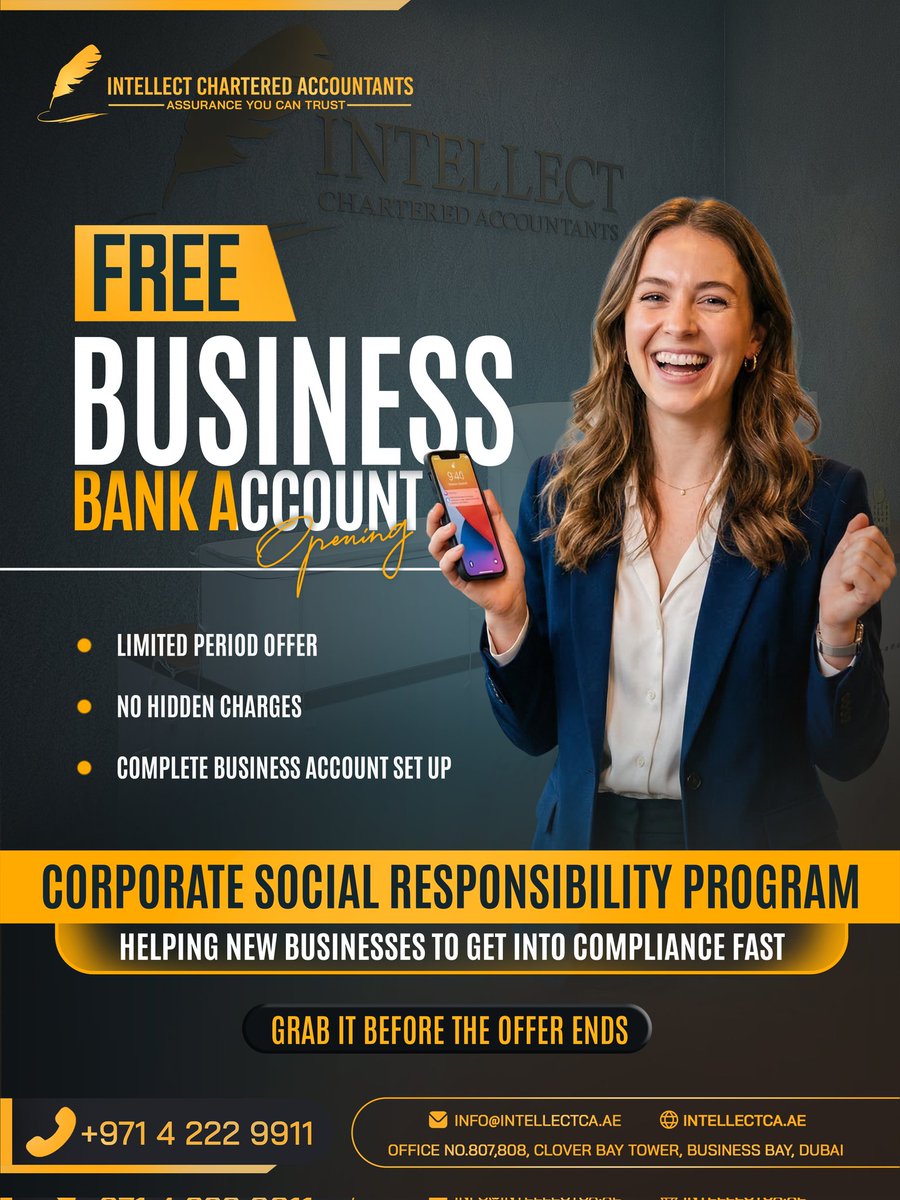 CaIntellect's tweet photo. Open FREE Business Bank Account with zero hidden charges and get your company fully compliant.
Why spend more when you can start smarter?

#UAEbusiness #DubaiBusiness #BusinessSetupUAE #StartupDubai #EntrepreneurUAE #UAEBanking #BusinessGrowth #FreeOfferUAE #CorporateServices https://t.co/BzQWmdVGSz
