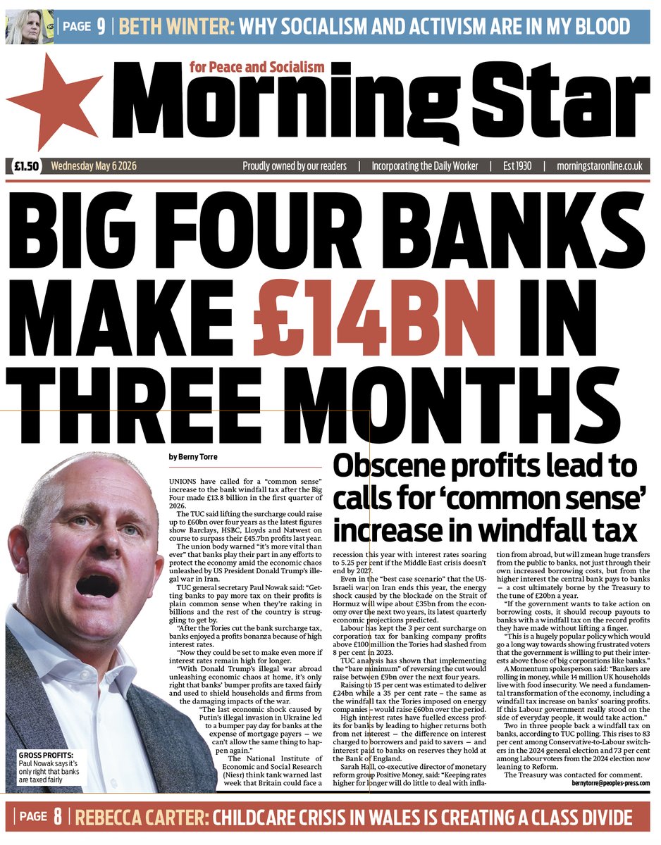 M_Star_Online's tweet photo. Today's front page:

BIG FOUR BANKS MAKE £14BN IN THREE MONTHS

Subscribe to the Morning Star: https://t.co/IErMcVLkje https://t.co/vBZHGcSKhe