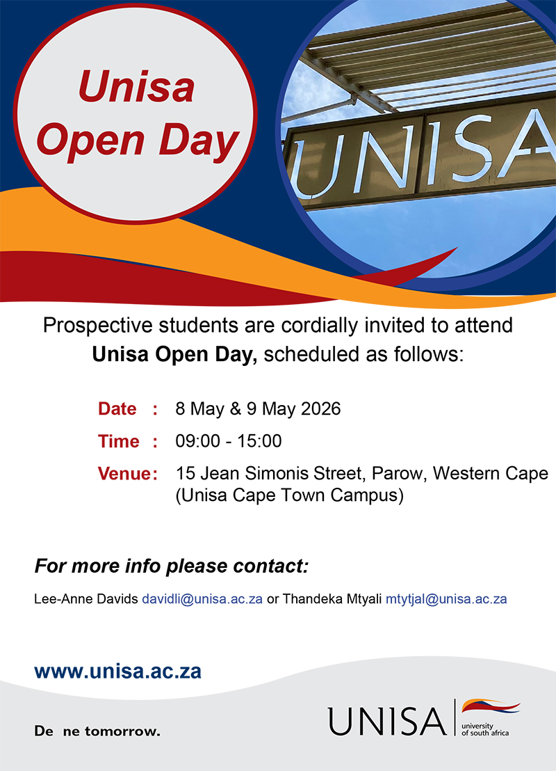 unisa's tweet photo. Planning for the future? 

Join the Unisa Open Day where you will be able to plan your future with certainty at Unisa Cape Town, 8 & 9 May 2026, and discover how you can turn your dreams into reality! 

If you are nearing the end of your high school education, considering taking additional courses, or thinking about switching careers, then the open day is made just for YOU! 

Time: 09:00 – 15:00 
Venue: Unisa Cape Town Campus, 15 Jean Simonis Street, Parow. 
 
#Unisa150andBeyond #OpenDay