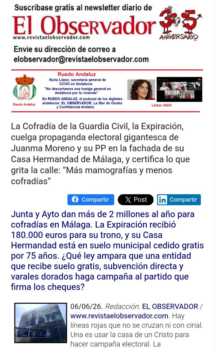 #OJO

La Cofradía de la #GuardiaCivil, la #Expiración, cuelga propaganda electoral gigantesca de <a href="/JuanMa_Moreno/">Juanma Moreno</a> y su @PPandaluz en la fachada de su Casa Hermandad de @Malaga, y certifica lo que grita la calle: “Más mamografías y menos cofradías”.
.