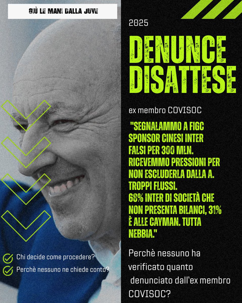 𝐏𝐑𝐄𝐒𝐒𝐈𝐎𝐍𝐈. Cosa accomuna tutte le "denunce" verso l'inter? Il fatto che non vengono nemmeno verificate.. tanto è estesa la protezione verso questo club, che non si arriva nemmeno a fare chiarezza.
Lontani i tempi in cui Zeman parlava e la procura si metteva in moto...