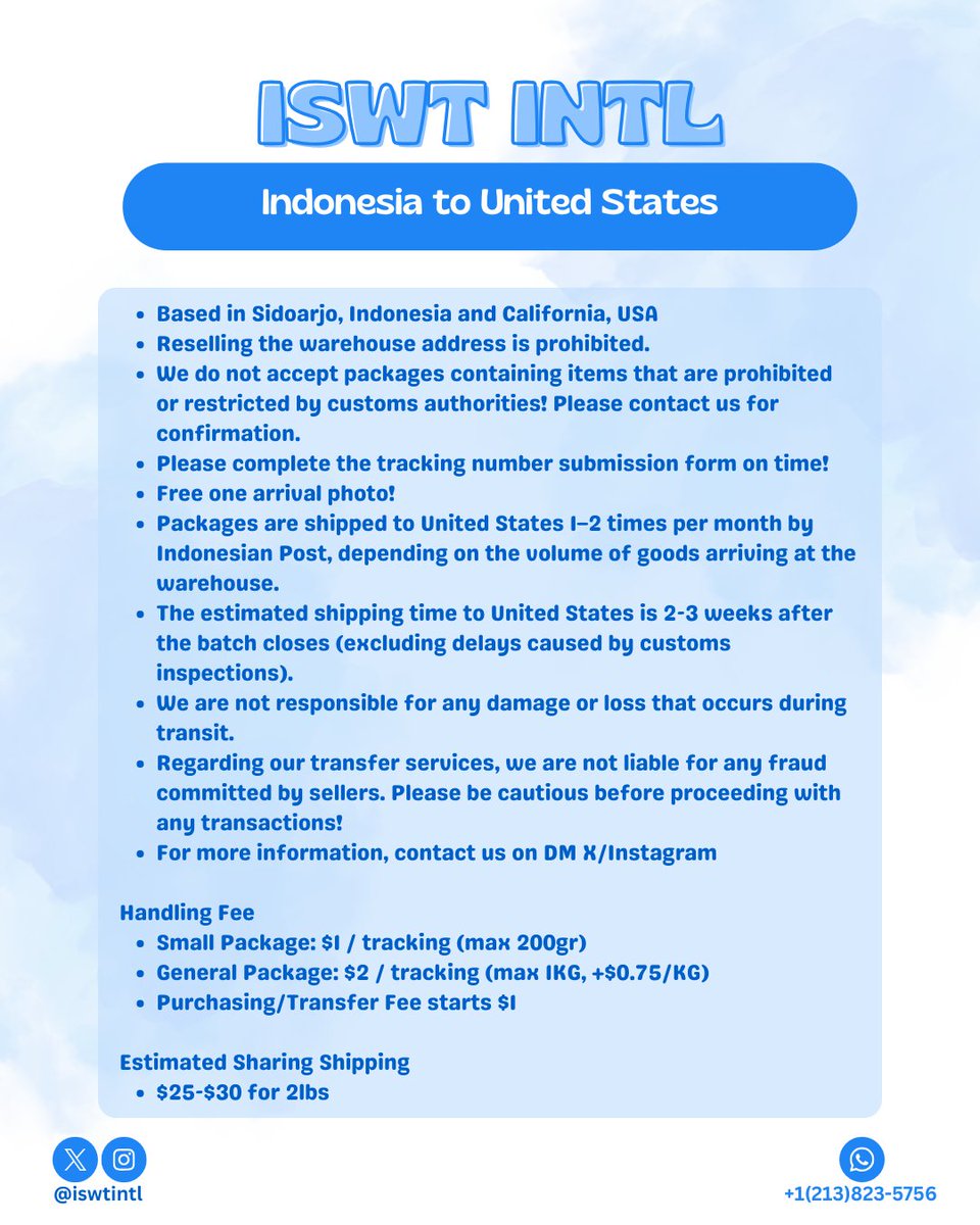 iswtintl's tweet photo. 🍩 ISWT Intl presents 🎀

✅ Indonesia - USA
✅ China - USA
✅ Japan - USA
✅ USA - Worlwide (except Indonesia) 

# warehouse wh us indo ina proxy ww paypal tf check out co jastip amerika amrik https://t.co/PWQtfRll1I