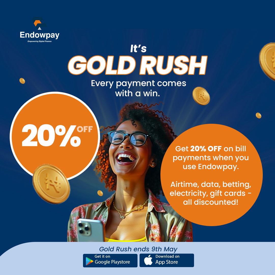 endowpay's tweet photo. 20% OFF on your everyday payments? That’s the #Endowpay Gold Rush ✨💸

Airtime, data, electricity, gift cards &amp; more now discounted for a limited time.

Pay smarter. Save bigger. 🧡💙

#GoldRush #PaySmart #SaveMore #NigeriaFintech #CashbackDeals #Endowpay https://t.co/FSeDd6rRGF