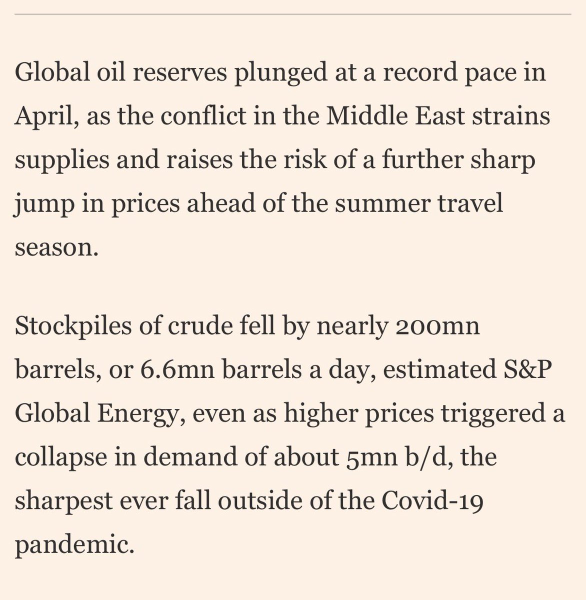 elerianm's tweet photo. This, from the Financial Times, highlights an important issue to watch in the coming weeks.
While currently high, oil prices would have climbed significantly more were it not for a large drawdown in energy inventories -- this in the high-stakes race between continued depletion and efforts to restore more normal energy shipments from the Middle East.
Adding to the complexity, the remaining inventories are not evenly distributed across energy importers, and neither is the structural resilience or availability of alternative sources.
#economy #markets #middleeastwar #oil #energy @FT