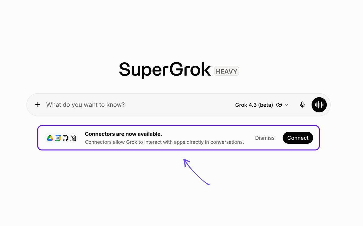 Connectors are now live for all SuperGrok Heavy and SuperGrok users

You can now connect:
•   Gmail
•   GitHub
•   Google Calendar
•   Notion
•   Google Drive
•   your own custom connectors

Why this matters:

Your AI assistant just got real superpowers

It can now pull