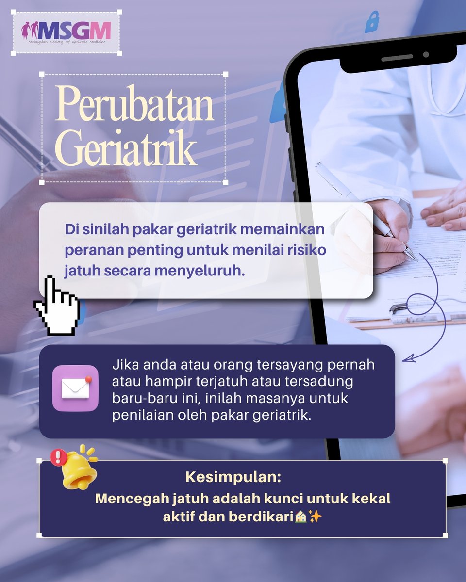 msgm_geriatric's tweet photo. Jatuh bukan sekadar kemalangan ⚠ 
Ia mungkin tanda awal masalah kesihatan yang lebih serius. Jangan abaikan. Kenal pasti punca, ambil tindakan awal, dan lindungi orang tersayang! 

👉 Baca sekarang
#MSGM #KesihatanWargaEmas #GeriatricMedicine #GeriatricCare #GeriatricHealthcare https://t.co/ulyNb0TkG8
