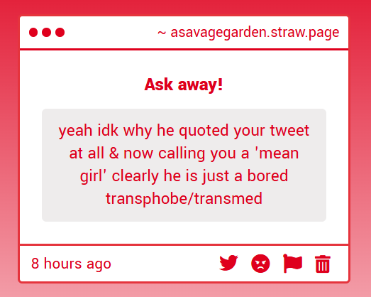 asavagegarden's tweet photo. whatever the intention, it did upset me a lot

there's internalized transphobia in a lot of tguys/tmascs who are chasing being masculine at all costs

also i don't mind the words "mean girl", so no worries. but i did not like that he invalidated me being rightfully angry https://t.co/TW8df8CF0a