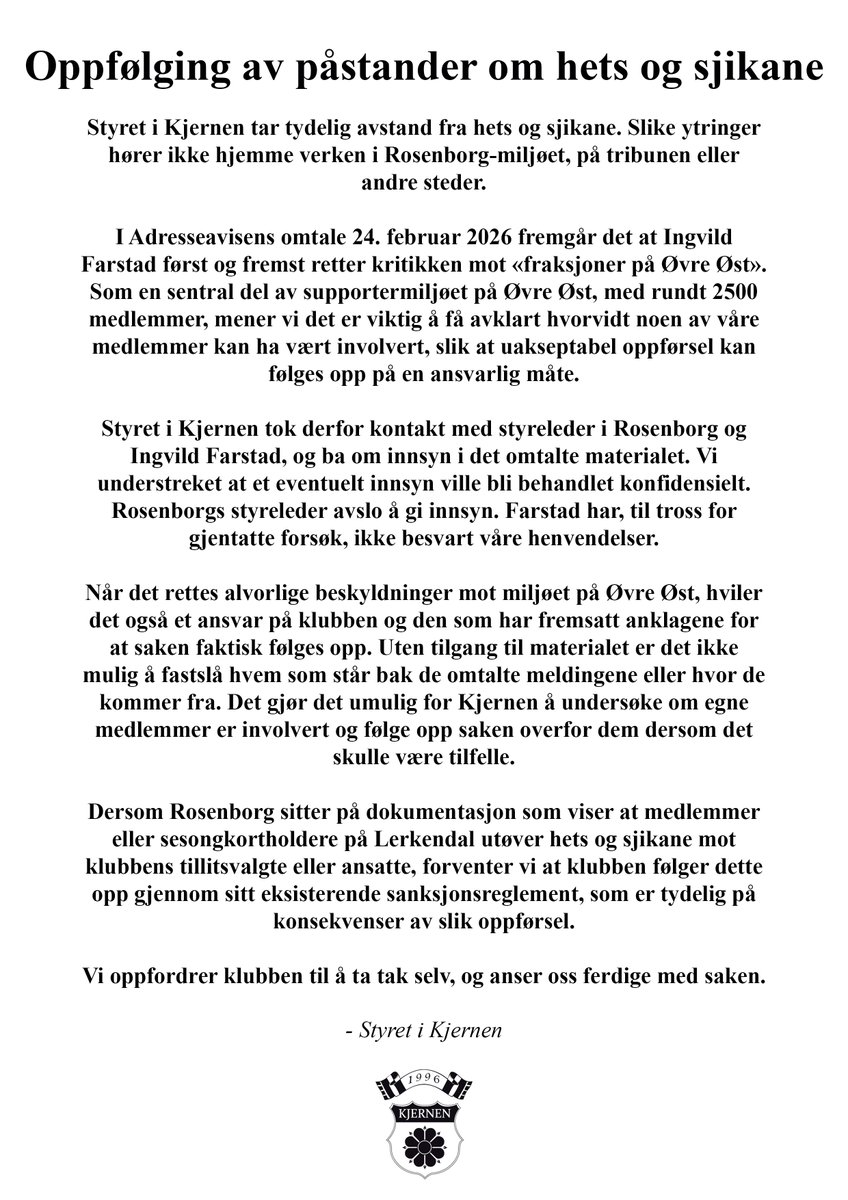 Uttalelse fra Kjernens styre angående hets og sjikane i forkant av årets årsmøte: