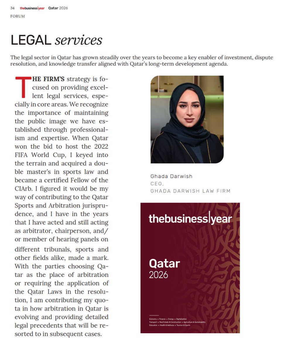 GMDLAWFIRM's tweet photo. Dr. Ghada Karbon is honored to be featured in the Legal Team section of the 2026 edition of The Business Year, contributing legal insights on Qatar’s evolving regulatory &amp; investment landscape #المحامية_غادة_درويش_كربون #غادة_كربون #قطر #الاستثمار #الاقتصاد #gmdlawfirm #TBYMag https://t.co/GzuVkXJW22