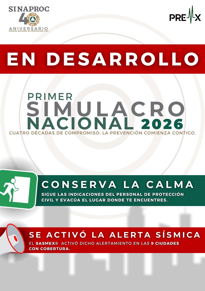 PreMxOficial's tweet photo. #AVISO ⚠️ | ¡Se activa la #AlertaSísmica en las 9 ciudades con cobertura @SASMEX! Da inicio el #PrimerSimulacroNacional2026. 📢

🇲🇽 Se realiza #SimulacroNacional con hipótesis de #sismo M8.2 en costas de #Acapulco, #Guerrero. https://t.co/QlxfM5akg8