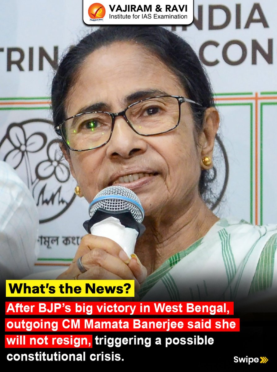 VajiramRavi's tweet photo. Constitutional Crisis in Bengal?
Read on to know more! 

#WestBengal #MamataBanerjee #PresidentRule #Article356 #ConstitutionOfIndia #IndianPolity #ElectionResults #WestBengalElection #UPSC2026 #UPSCPreparation https://t.co/jSmqT69Cv9