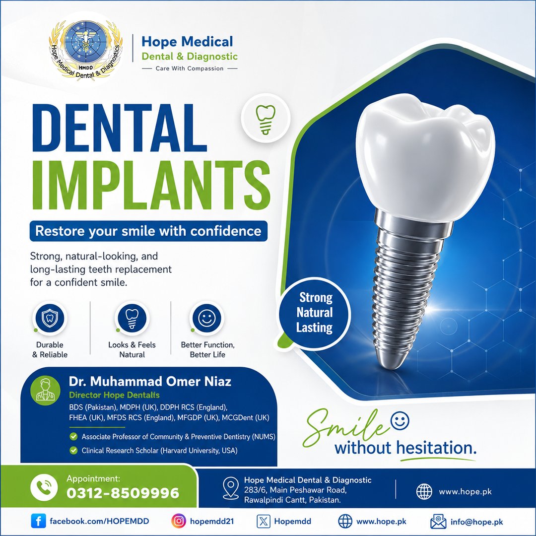 Hopemdd's tweet photo. Missing teeth? Dental implants can bring back your natural smile and confidence.

Strong, long lasting, and comfortable solution for daily life.

📞 0312-8509996
📍 Rawalpindi Cantt
#DentalImplants #SmileConfidence #OralHealth #DentistPakistan #ToothCare #SmileFix https://t.co/HpruhUqxqr