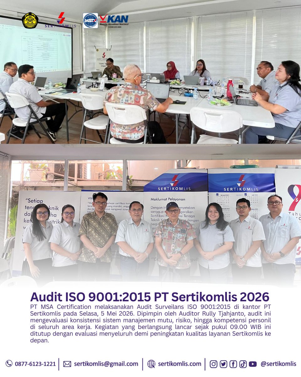 sertikomlis's tweet photo. Selasa, 5 Mei 2026, PT Sertikomlis sukses melaksanakan Audit Surveilans ISO 9001 bersama PT MSA Certification @msacert_id.

Auditor Rully Tjahjanto melakukan pemeriksaan menyeluruh pada manajemen risiko, dokumentasi, hingga kompetensi personil untuk memastikan standar mutu kami tetap terjaga. Agenda ditutup pada pukul 16.30 WIB dengan hasil evaluasi yang positif bagi kemajuan perusahaan.

#infogatrik #ketenagalistrikan #sertikomlis #sertifikasikompetensi #surveillance #ISO #SistemManajemenMutu #MSA