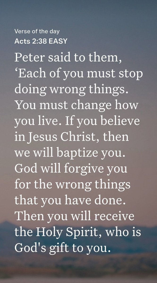 AnslemChinonso's tweet image. 124/365 days
Acts 2:38 EASY
[38] Peter said to them, ‘Each of you must stop doing wrong things. You must change how you live. If you believe in Jesus Christ, then we will baptize you. God will forgive you for the wrong things that you have done. Then you will receive the...