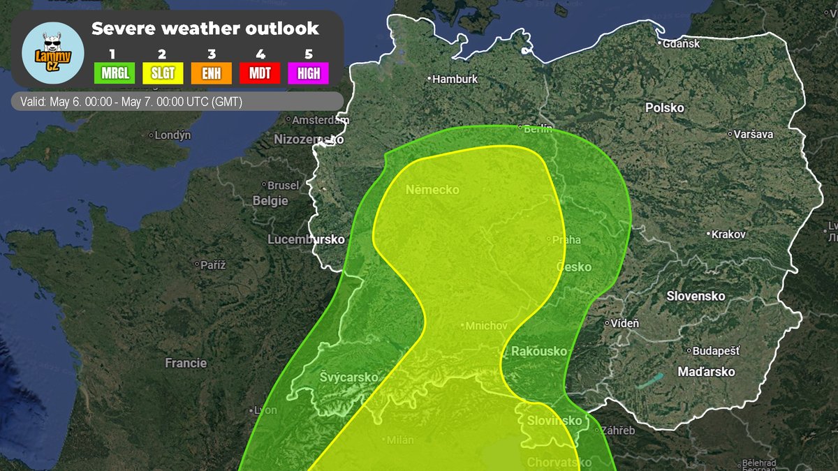 LammyCZ's tweet photo. ⚡Severe #weather #outlook for #Europe
📅Valid: May 6. 2026
👨‍🦰Issued by: Lammy
🗒️Description: Mainly scattered #thunderstorms, but conditions support organized #multicells.
📜Read more at: https://t.co/Wy1WbXE9No
#weather #EUwx #weatherwx #storm https://t.co/RldrL9rUHp