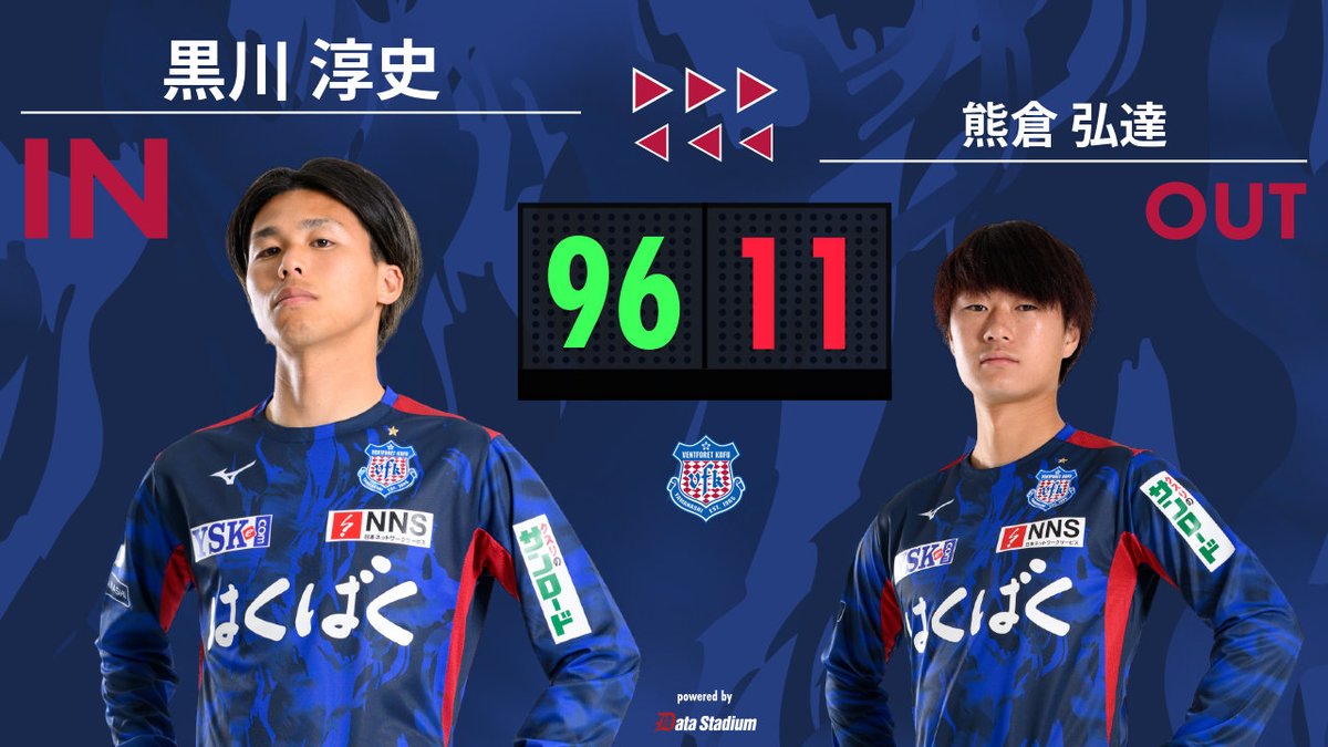 ヴァンフォーレ甲府セット 選手交代 後半24分 ⏩IN #黒川淳史 ⏪OUT #熊倉弘達 #ヴァンフォーレ