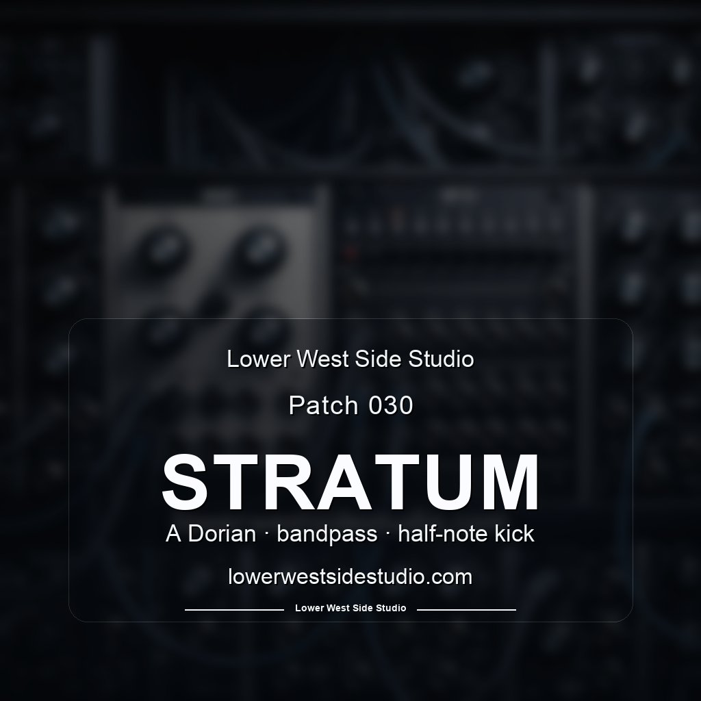 LowerWestSideS's tweet photo. Patch of the Day #030: Stratum

A Dorian. Bandpass. Half-note kick.

Same seven notes as Patch 029, but A is the center instead of C. Minor framework, raised sixth at the apex.

Full patch:
https://t.co/3yFfYmYLM0

#modularsynth #5Umodular #lowerwestsidestudio https://t.co/ximeySiAOx