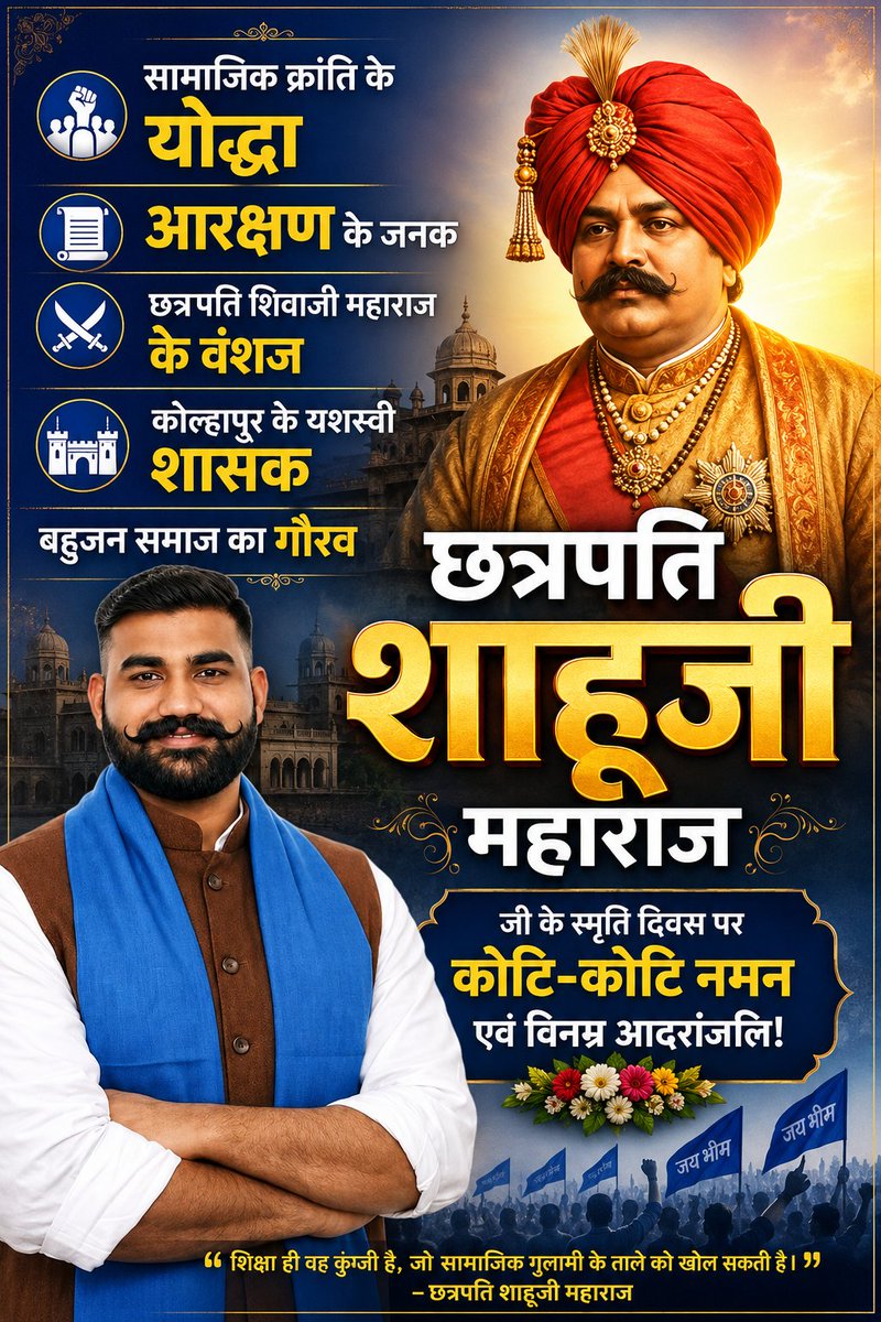 tarunn_sood's tweet photo. सामाजिक न्याय के अग्रदूत, आरक्षण के जनक, बहुजन समाज के गौरव छत्रपति शाहूजी महाराज जी को उनके स्मृति दिवस पर कोटि-कोटि नमन एवं विनम्र श्रद्धांजलि। 🙏
उनके विचार और संघर्ष आज भी हमें समानता, शिक्षा और अधिकारों के लिए लड़ने की प्रेरणा देते हैं।
#छत्रपति_शाहूजी_महाराज #सामाजिक_न्याय #आरक्षण #बहुजन_एकता #जयभीम #समानता