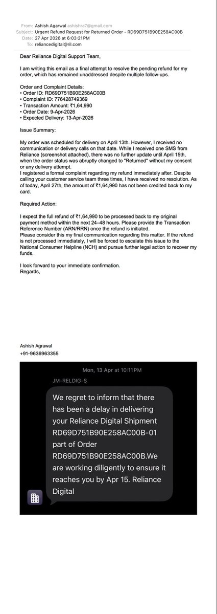 Ashu257_'s tweet photo. This is pure harassment from you i have placed and full pre paid order from reliance digital online on 9th april and i have never received the order it was automated marked as returned on 15 april till now i have called around 5 times emailed around @reliancejio @RelianceDigital https://t.co/yiFYaOQAxM