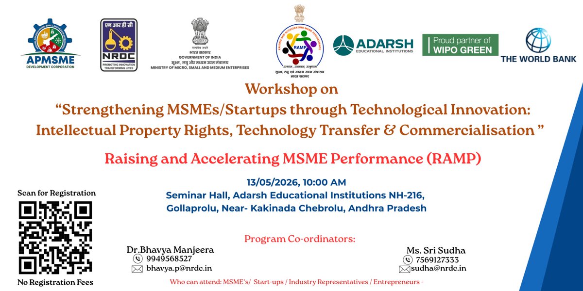 NRDCIndia1953's tweet photo. NRDC, GoI in collaboration with APMSME-DC, Govt. Of AP is organizing a workshop on Intellectual Property Rights (IPR), Technology Commercialization on 13 May 2026 at Adarsh Educational Institutions, Pithapuram, Kakinada District. The programme aims to strengthen MSMEs, startups, https://t.co/FkdSVoQLuK