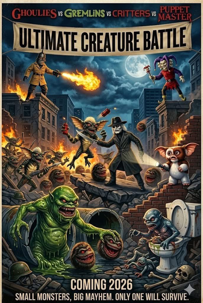 INBLEW's tweet photo. Imagine! I was messing with ai to make this poster!

#ghoulies #gremlins #critters #puppetmaster #horrorjunkie #horrormovie #ultimatecreaturebattle #inblew  #gizmo #blade #torch https://t.co/fELiJI8mn2