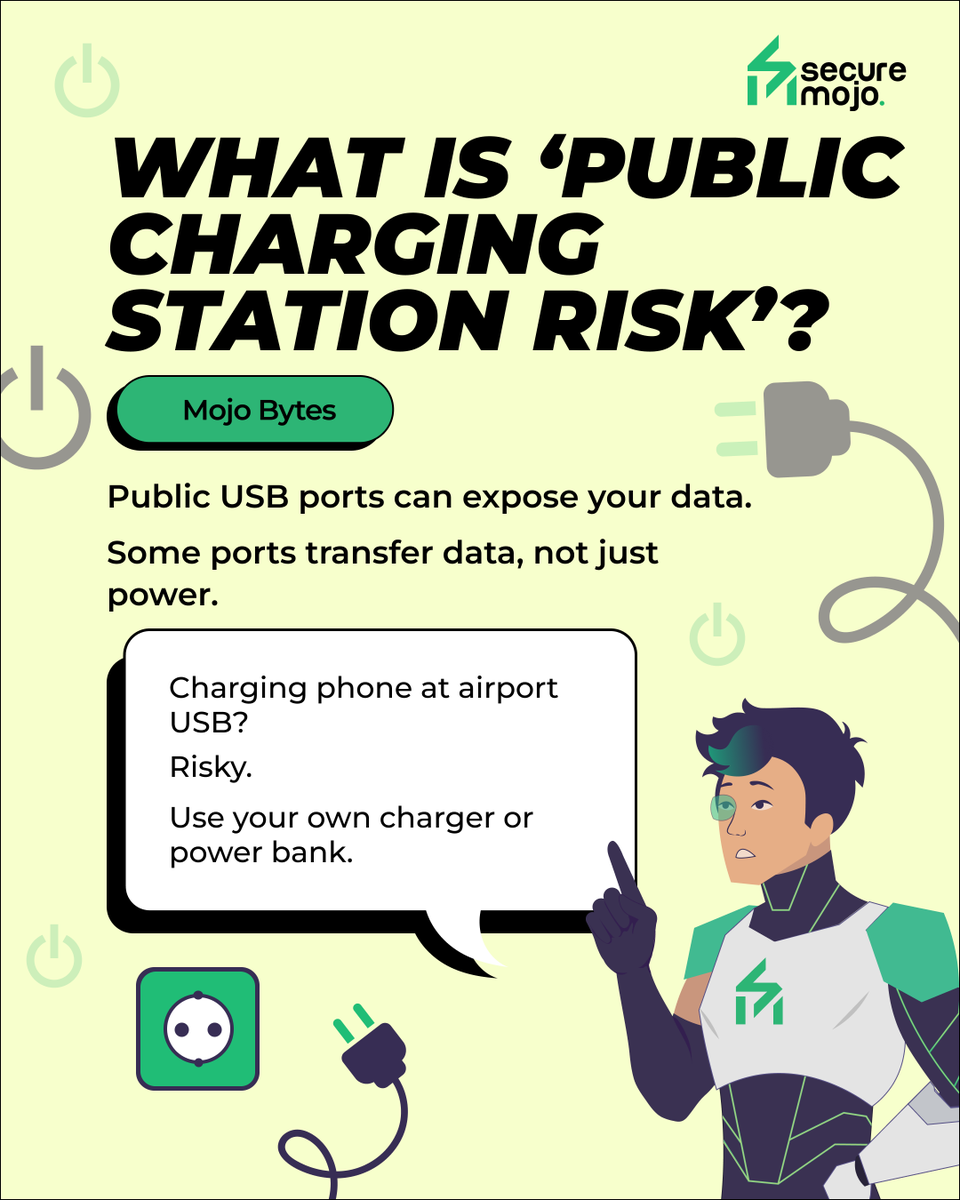 SecureMojo's tweet photo. That free charging port at the airport? 👀
It could cost more than your battery ⚠️
 
#securemojo #Cybersecurity #OnlineSafety #DigitalHygiene #cybersmart  #PublicCharging #USBThreat #TravelCyberSafety #ChargingStation #mojobytes https://t.co/5ypvB8BmlI