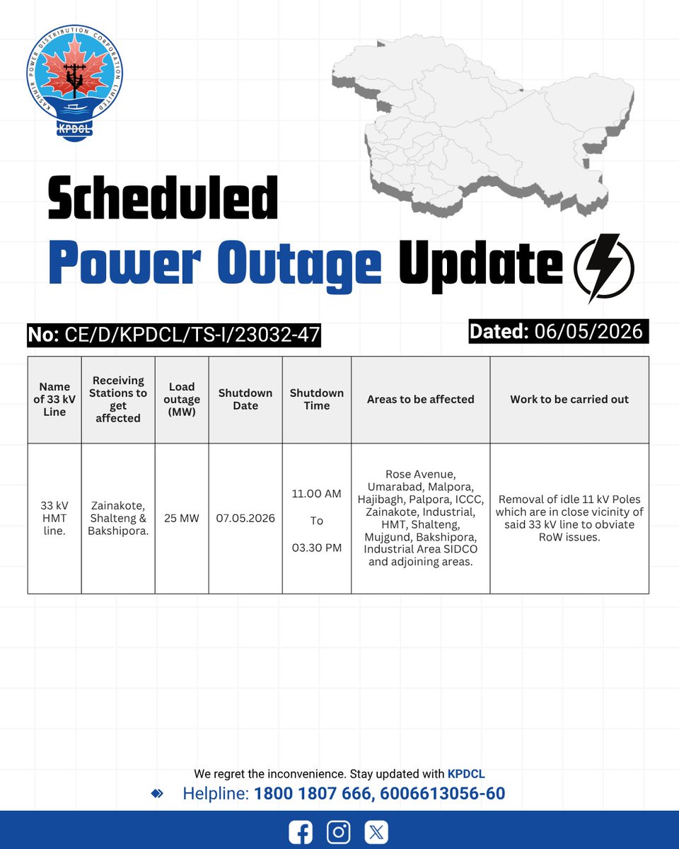 kpdcloffice's tweet photo. Scheduled Power Shutdown Update of 33 KV Lines 

Stay prepared!

We regret the inconvenience caused.

#KPDCL #SHUTDOWN

@CM_JnK @OfficeOfLGJandK @diprjk @nasirsogami @DivComKash @GreaterKashmir @RisingKashmir https://t.co/OHDjCdACXA