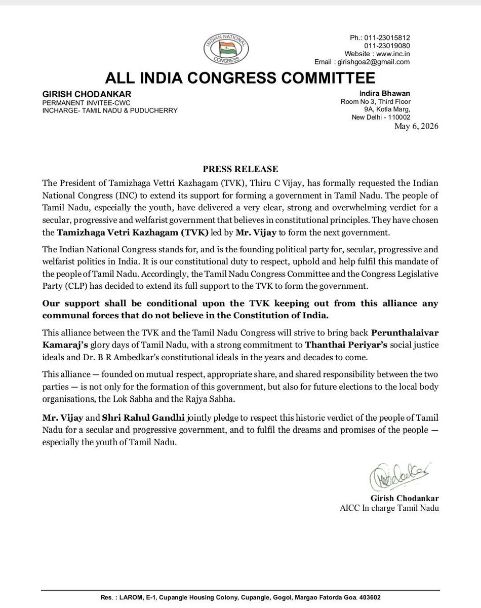 Congress extends its support to TVK to form the new government.