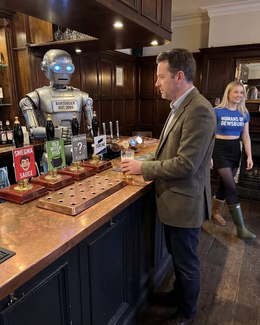 BobHunter17's tweet photo. A man walks into a bar and there's a robot bartender.....
The robot says, "What will you have?"
The guy says, "A pint of your finest lager please."
The robot brings back the best pint ever and says to the man, "What's your IQ?" 
The guy says, "130"
The robot then proceeds to talk about physics, space exploration, and chess strategies 
The guy leaves, but is curious about how the robot bartender works so he walks back in a short while later. 
The robot bartender says, "What will you have?"
The guy says, "A pint of your finest lager please."
Again, the robot pours the perfect pint and gives it to the man and says, "What's your IQ?"
The guy says, "95".
The robot then starts to talk about Netflix series, football and the weather 
The guy leaves but finds it very interesting, so he thinks he will try it one more time.
He goes back into the bar.
The robot says, "What will you have?"
The guy says, "A pint of your finest lager please."
The robot brings him another perfect pint 
The robot then says, "What's your IQ?"
The guy says, "Uh, about 50."
The robot leans in real close and says,
"Zack Polanski and the green party have some great ideas don't they!"