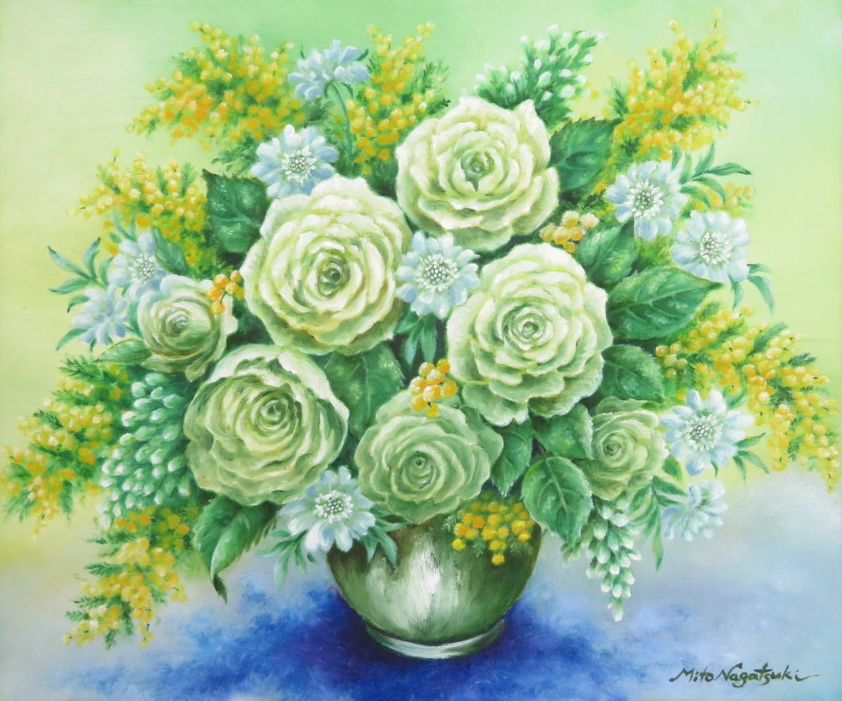 薔薇の季節到来！ 永月水人 作 『白薔薇のロマンス』油絵 原画 F8号