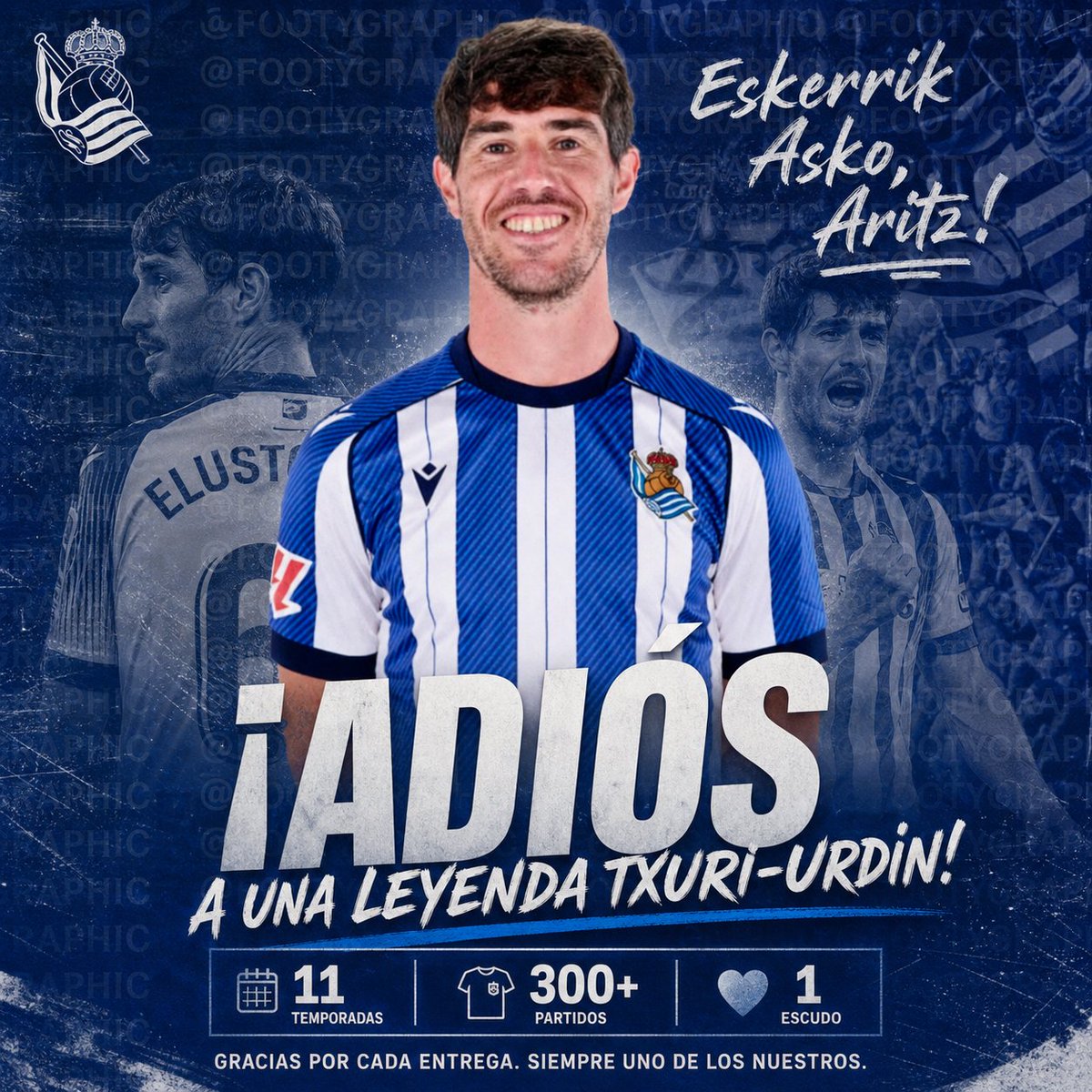 FutbolPlusUltra's tweet photo. 🔵⚪️ ¡ADIÓS A UNA LEYENDA TXURI-URDIN!

​La Real Sociedad hace oficial que Aritz Elustondo no renovará. Tras 11 temporadas y más de 300 partidos, uno de los capitanes deja el club de su vida. 🏟️💔

​¿Es el momento de salir o merecía un año más? 👇

​#RealSociedad #Aritz #LaLiga https://t.co/kmVH9SPgeC