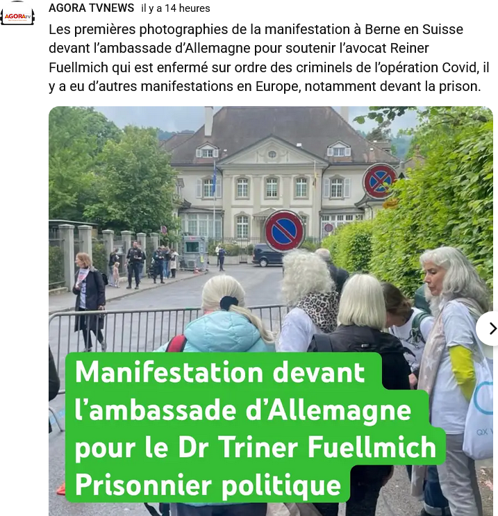 AlbLeVert's tweet photo. Hier 5 mai, Reiner Fuellmich, l'avocat antivax qui nous annonçait un Nuremberg 2 pour punir l'"escroquerie de la Covid19", l'illégalité des mesures sanitaires et la toxicité des vaccins fêtait ses 68 ans.
En Taule.
Depuis 31 mois.
Rappelons que cet avocat, demandait des sommes conséquences pour pouvoir s'associer à ses plaintes. Il a récolté ainsi 7 à 800'000 euros.
Mais, voilà, il s'est tiré au Mexique avec la caisse...
Suite à une plainte de l'Allemagne, et aussi de son associée de l'époque, il s'est fait serrer par Interpol à Mexico. Extradé, il a été condamné à quelque chose comme 3 ans et 9 mois ferme pour escroquerie.
Ses soutiens suisse sont allés manifester leur solidatiré et lui souhaiter un bon anniversaire devant l'ambassade d'Allemagne à Berne...
Court thread 1/4